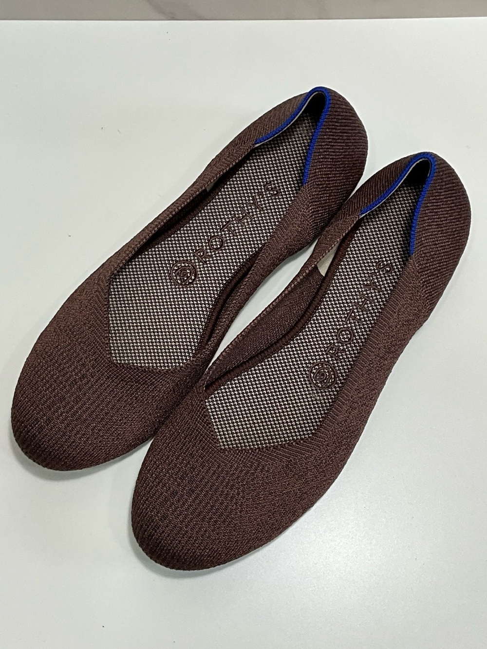 ROTHY’S The Flat Truffle Brown Knit Ballet Flats Blue Trim Comfort Shoes Size 8